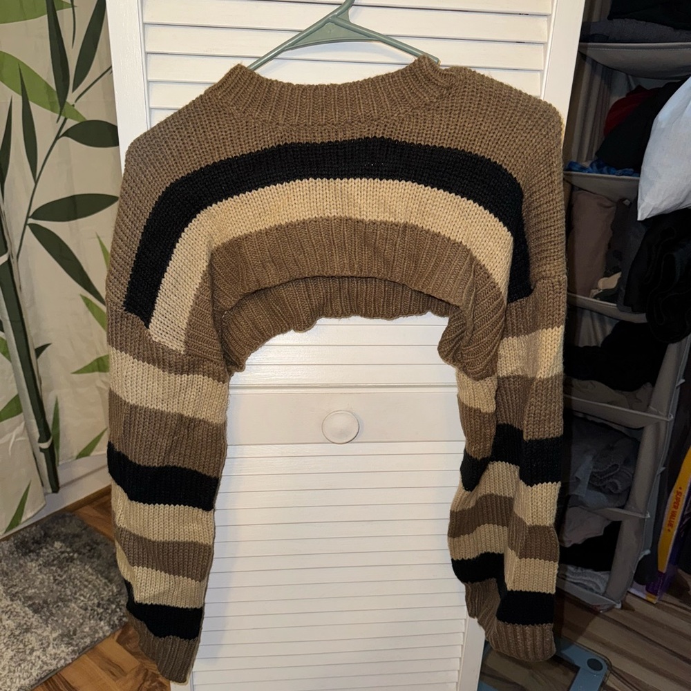 Cropped Striped Brown and Black Women's Sweater